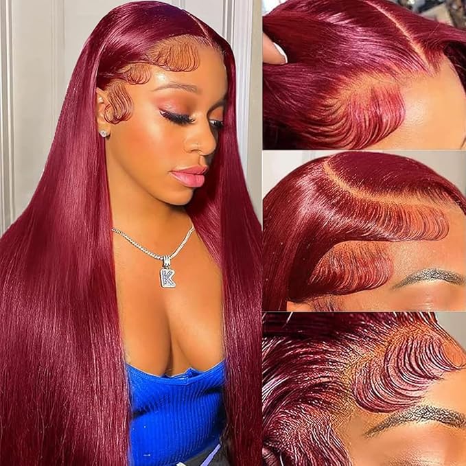 99j Burgundy Lace Front Wigs Human Hair 200% Density 13x4 99j Straight Lace Front Wigs Human Hair Wine Red Colored Human hair wig Pre Plucked Glueless HD Lace Frontal Wigs for Women 20 Inch