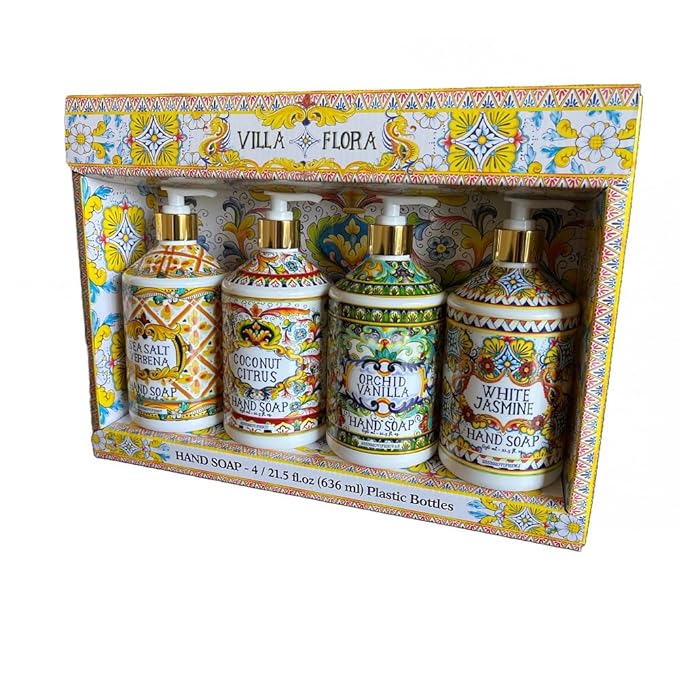 Home and Body Company Hand Soap Villa Flora Collection 16 FL/473ml Bottles infused with Essential Oils (SET OF 4) Sea Salt Verbena, Coconut Citrus, Orchid Vanilla, and White Jasmine
