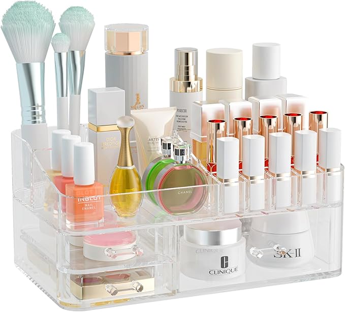 Clear Makeup Organizer for Vanity, Large Acrylic Bathroom Organizer Countertop with 3 Storage Drawers, Skin Care Organizer Storage Cosmetic,Nail Polish, Jewelry, Great for Stationery