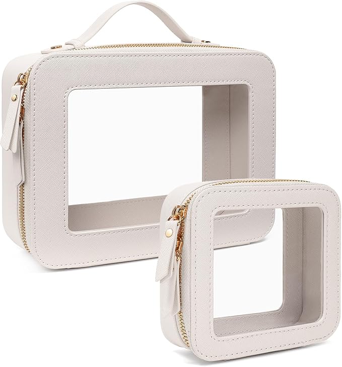 Clear Makeup Bags TSA Approved Toiletry Bag Handle Large Opening,Clear Toiletry Bags for Carry-on Traveling Travel Car Accessories Essentials Organziation Storage for Women Girls(White, Mini&Large)