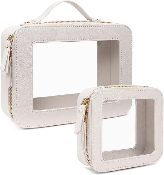 Clear Makeup Bags TSA Approved Toiletry Bag Handle Large Opening,Clear Toiletry Bags for Carry-on Traveling Travel Car Accessories Essentials Organziation Storage for Women Girls(White, Mini&Large)
