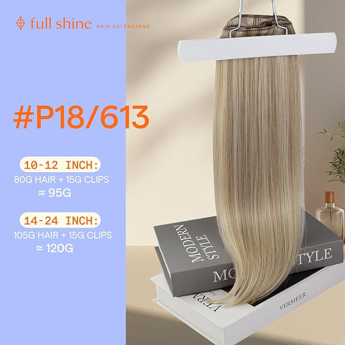 Full Shine Clip in Human Hair Extensions Highlights 12 Inch Ash Blonde Mix Platinum Blonde Clip in Extensions Natural Remy Straight Hair Extensions 7 Pcs 95 G