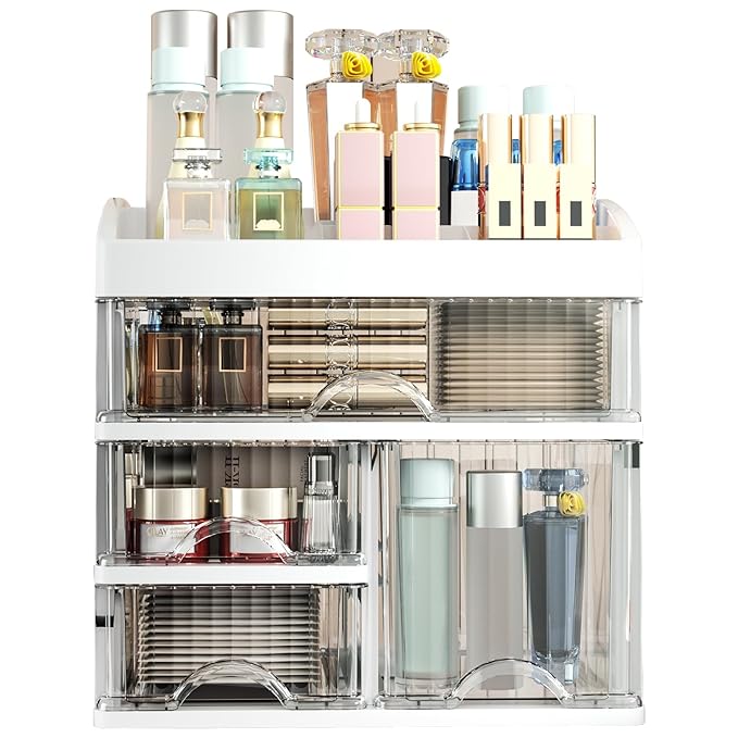 Large Makeup Organizer for Counter With 4 Drawers Cosmetic Organizer Countertop Make up Organizers for Vanity White Makeup Skincare organizers Storage Box
