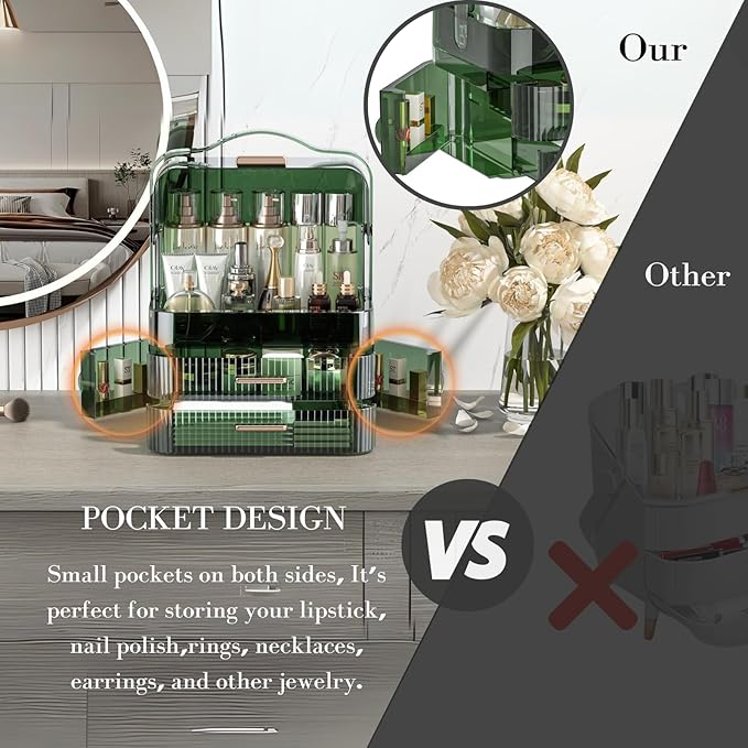 LINFIDITE Cosmetics Storage Box Transparent Lid Large Makeup Organizer Box Drawers Portable Handle Waterproof Dustproof Skincare Display Cases for Countertop, Bathroom, Dresser,Gift Clear Green