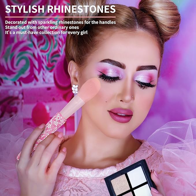 Professional Makeup Brushes Set 11PCS Bling Rhinestone Face Cosmetics Blending Liquid Foundation Powder Concealer Eye Shadows Make Up Beauty Tool Glitter (AB Pink)