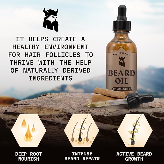 Striking Viking Beard Oil for Men - 2 Fl Oz, Sandalwood Scent - Naturally Derived Conditioner with Almond, Tea Tree, Argan & Jojoba Oil for Beard Growth, Softening & Moisturizing