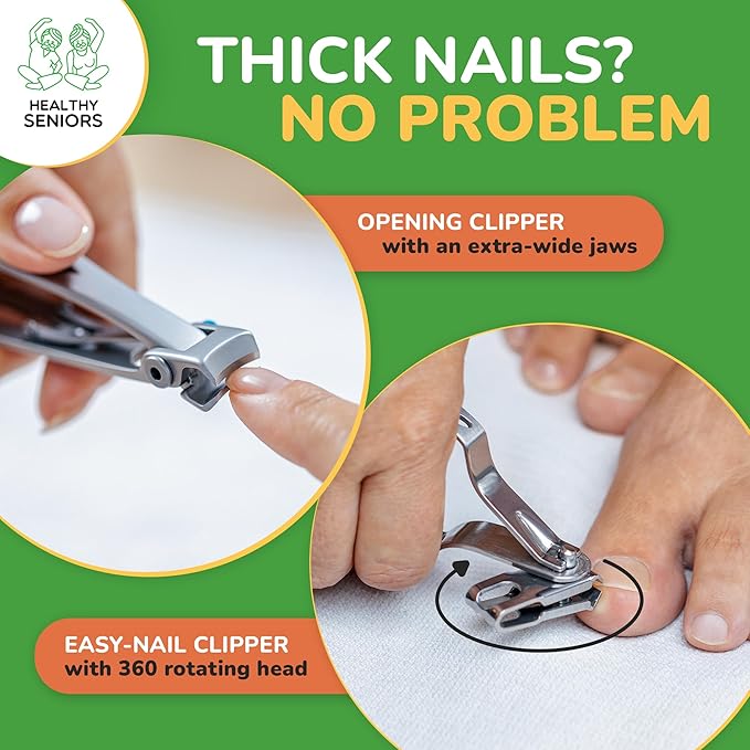 Nail Clippers Set, Easy Grip 360 Rotary Fingernail Clipper, Sharp Heavy Clippers for Thick Nails. Perfect for Diabetics or Seniors Suffering from Arthritis (3 Pieces)