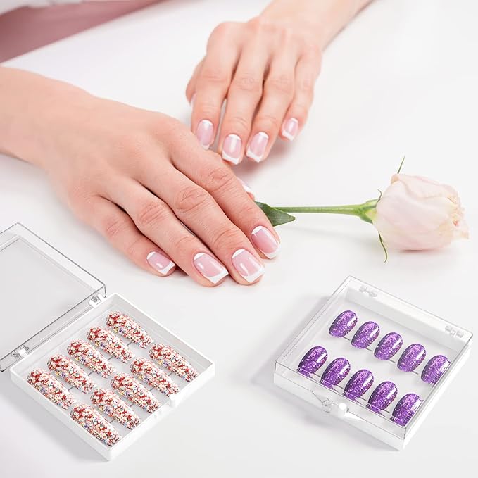 ANCIRS 25 Pack Acrylic Nail Storage Box for DIY Press-on Nails Holder & 60pcs Double Sided Adhesive Nail Display Tape, Artificial Nail Stand Packaging Organizer Case & Fake Nail Tip Tapes for Nail Art