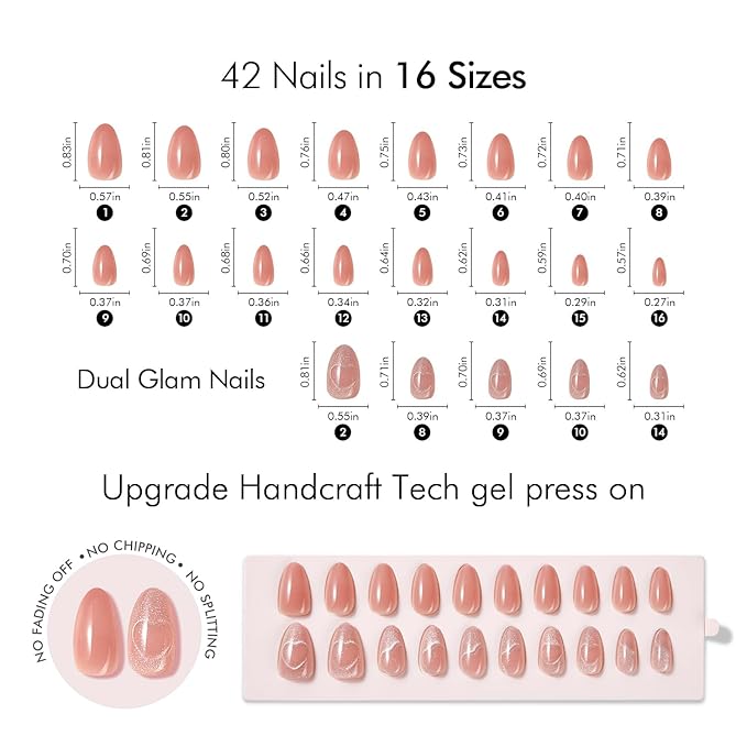 VSALON 42 Count Almond Press-On Nails, 32 PCS Pink French Tip & Cat Eye Nails, 2 Sets of 21 PCS Each, Full Well Tips, Plastic Material, False Nails, Up to 28 Days Wear, UV Glue Included