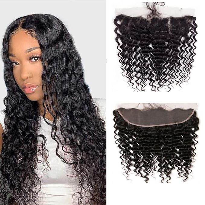 12A Grade Deep Wave Lace Frontal 13x4 Ear to Ear - 18 Inch 100% Unprocessed Brazilian Virgin Human Hair Swiss Lace Frontal Closure 200% Density Pre Plucked With Baby Hair Natural Color