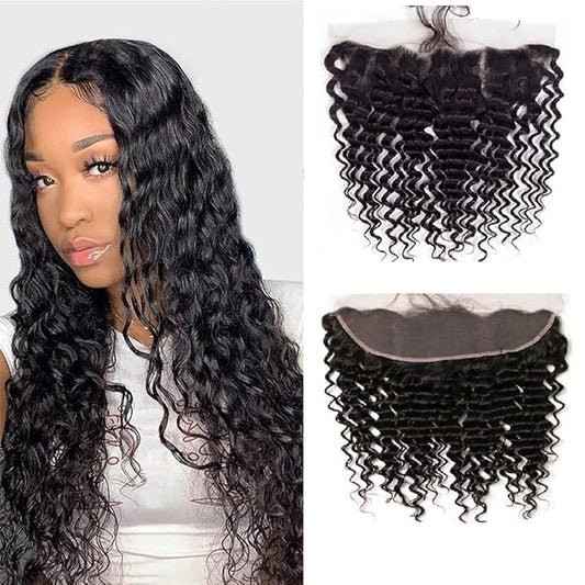12A Grade Deep Wave Lace Frontal 13x4 Ear to Ear - 18 Inch 100% Unprocessed Brazilian Virgin Human Hair Swiss Lace Frontal Closure 200% Density Pre Plucked With Baby Hair Natural Color