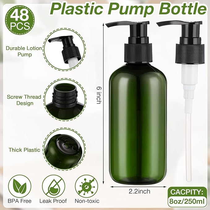 48 Pcs Pump Bottle Lotion Dispenser Refillable Shampoo Conditioner Hand Soap Dispenser Plastic Empty 8oz/250ml Clear Reusable Body Wash Container Bulk (Green, Black)