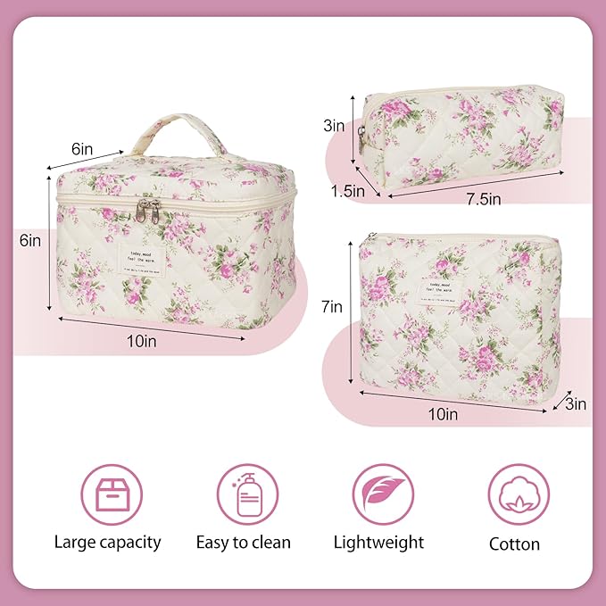 Quilted Makeup Bag,Large Cosmetics Bag Set,Cotton Coquette Floral Make up Pouch,Travel Toiletry Bag for Women