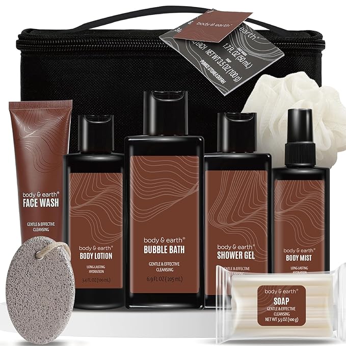 Bath and Body Gift Baskets for Men Body & Earth Sandalwood Mens Bath Set with Body Lotion, Face Wash, Shower Gel, Bubble Bath, Loofah & More, Gift Set for Men,regalos para hombre,Christmas Gifts