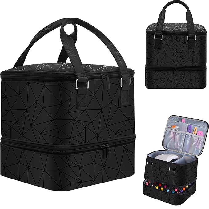 Nail Polish Organizer Hold 42+ Bottles Nail Polish & Nail Lamp, Nail Storage Case Double-Layer Nail Bag Holder with Sturdy Handle(Black)