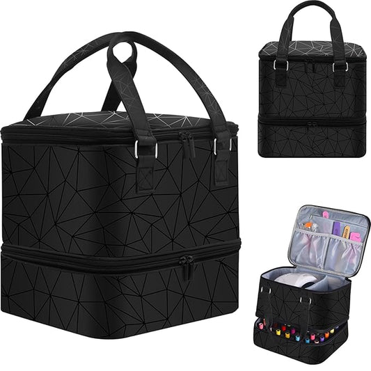 Nail Polish Organizer Hold 42+ Bottles Nail Polish & Nail Lamp, Nail Storage Case Double-Layer Nail Bag Holder with Sturdy Handle(Black)