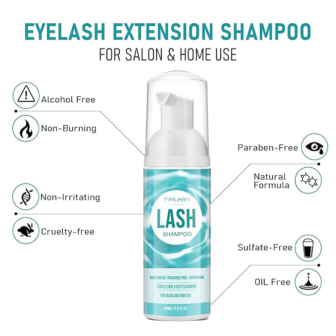 Lash Shampoo for Lash Extensions 2 Fl Oz / 60ml - Includes 2 Lash Shampoo Brushes for Cleansing - Eyelash Extension Cleanser for Professional Salon and Home Use (Unscented-60ml)