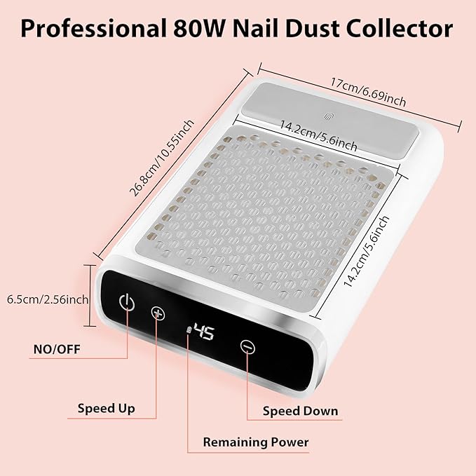 CORESLUX Rechargeable Nail Dust Collector, 80W Professional Extractor Vacuum Nail Dust Collector, Low Noise Vacuum Fan Dust Collector for Nail Polishing & Nail Salon Gift (2 Filter)