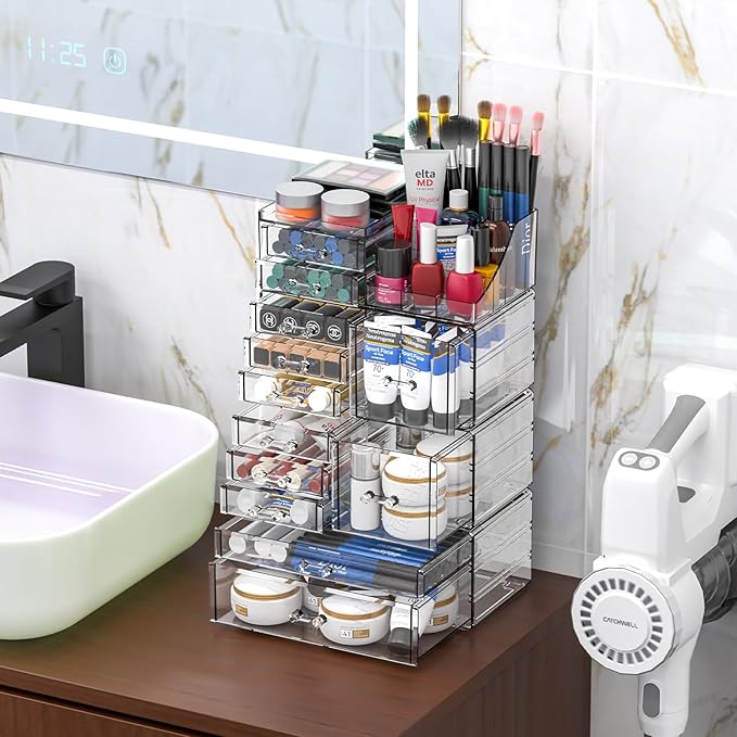 Cq acrylic 4 Pack Clear Makeup Organizer for Counter,12 Drawers Stackable Skincare Organizer,Large Cosmetic Storage Organizer for Jewelry,Hair Accessory,Beauty,Skin Care,Vanity Organizers and Storage