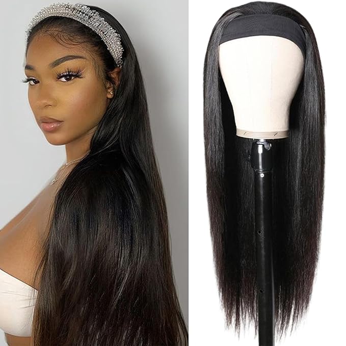 Aiterina Headband Wig Human Hair Straight Headband Wigs Brazilian Virgin Hair 150% Density None Lace Front Wigs Human Hair Glueless Headband Half Wig for Women Natural Color 28 Inch
