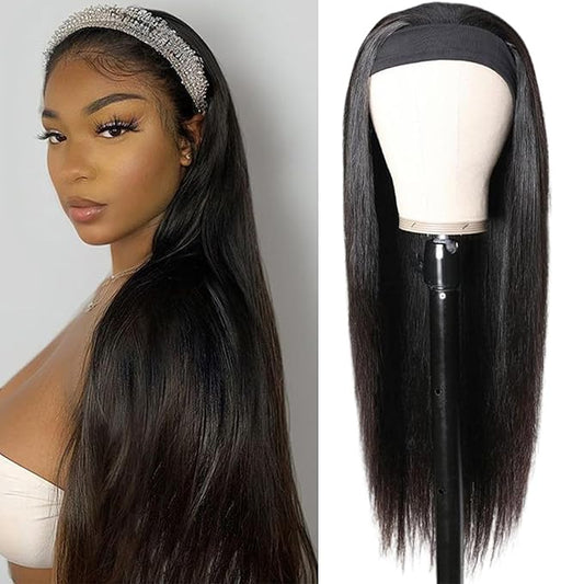 Aiterina Headband Wig Human Hair Straight Headband Wigs Brazilian Virgin Hair 150% Density None Lace Front Wigs Human Hair Glueless Headband Half Wig for Women Natural Color 28 Inch