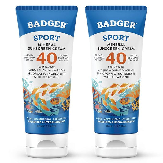 Badger Reef Safe Sport Mineral Sunscreen - Unscented SPF 40, 98% Organic, Water Resistant Zinc, Approved for Hawaii & Mexico Reefs, 2.9 fl oz, 2-Pack