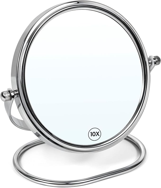 Portable Folding Travel Makeup Mirror,1X/10X Magnifying Vanity Mirror,6” Double-Sided 360° Swivel,Handheld & Wall Hanging Metal Mirror for Home and On-the-Go Use,Travel Storage Bag Included,No Light