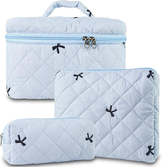3Pcs Quilted Makeup Bag, Cute Floral Cotton Cosmetic Bag set, Coquette Bow Makeup Pouch Large Travel Toiletry Bag