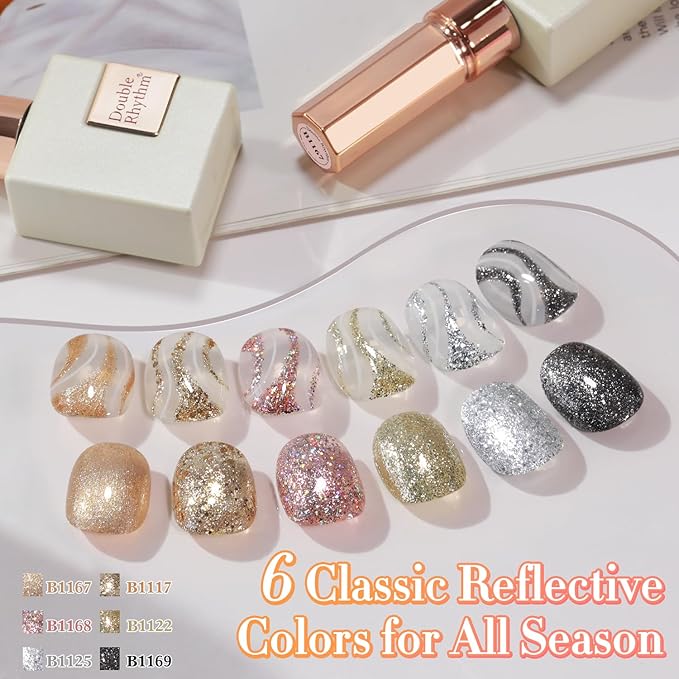 Double Rhythm 0.5 Oz Glitter Gel Polish Set of 6 Color with Display Borad 15 ml Full Size Kit Shimmer Reflective Sparkle Soak Off Manicure Salon DIY at Home (Rose Gold Silver Black Bright-T6-38)