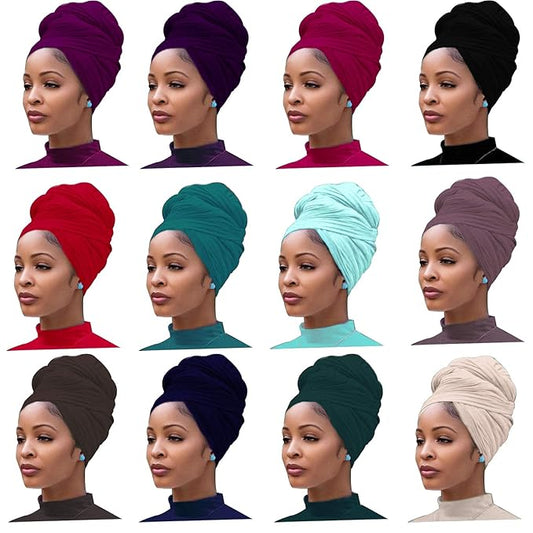 12 Pieces Head Wrap Scarf Stretch Jersey Turban Extra Long Ultra Soft Urban Headwraps for Women Solid Color African Headwear Headband Tie Wholesale Set02