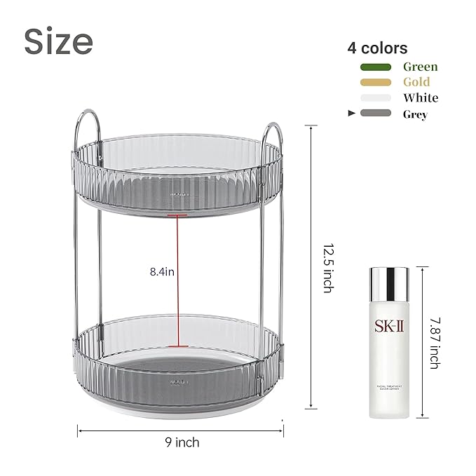 Aveniee 360 Rotating Makeup Organizer for Vanity, Skincare Perfume Organizers Large Capacity, Bathroom Countertop Organizer and Storage, Clear Cosmetics Lipstick Holder for dresser(2 Tiers, Grey)
