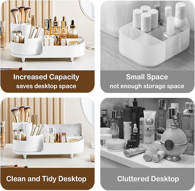 Rotating Vanity Organizer with Brush Holder, Large Spinning Makeup Skincare & Cosmetic Organizer, Countertop Perfume & Lotions Display Case (White)