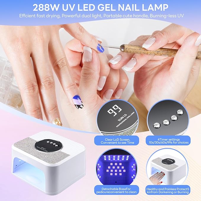 288W UV Light for Nails, UV Nail Lamp for Gel Nails, Diamond LED Nail Dryer for Gel Polish,Professional UV LED Nail Lamp, Fast Nail Curing Lamp 4 Time Setting & Auto Sensor for Salon & Home