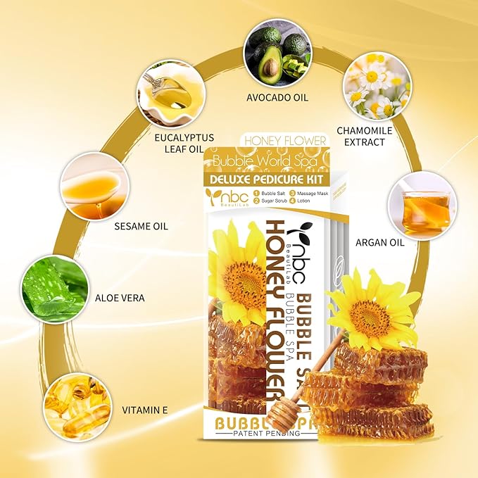 Pedicure Kit Foot Soak Set: Bubble Salt, Sugar Scrub, Massage Mask, Massage Lotion in a Box, 4 Step Foot Spa Kit for Dry Feet, Calluses and Tired Feet(1 Set Honey Flower)