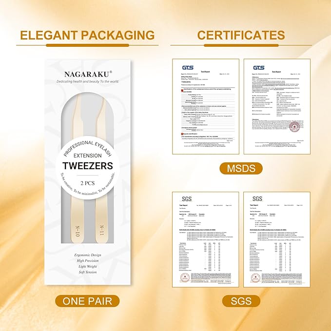 NAGARAKU 1 Pair Eyelash Extension Tweezers Set, Gold Curved Volume Make Fans Isolation Lash Tweezers Precision Pinzas Light Weight Easy Fanning Stainless Steel Precision for Lashes (N-10 & N-11)