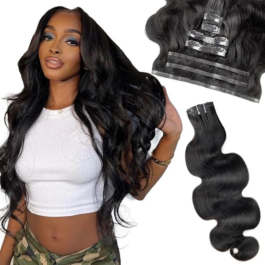 Seamless Clip In Hair Extensions Real Human Hair Invisible PU Skin Weft Body Wave Clip Ins 100% Unprocessed Brazilian Remy Human Hair Extensions 7pcs with 16Clips 110g（Natural Black,20 inch）
