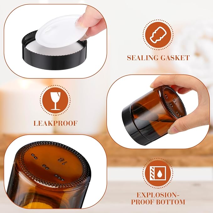 Norme 24 Pcs 4 oz Glass Jars with Lids Leakproof Round Airtight Empty Cosmetic Jars with Inner Liners Lid for Storing Lotions Powder Ointments Candle Making (Black,Amber and Clear)
