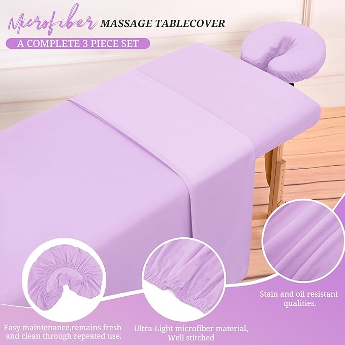 Set of 6 Massage Table Sheets Sets 3 Piece Set Includes Massage Table Cover, Massage Fitted Sheets and Massage Face Rest Cover, Massage Sheets Sets for Beauty Salon and Home Spa (Light Purple)