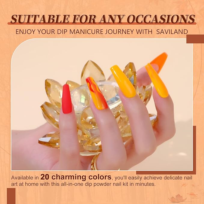 SAVILAND Dip Powder Nail Kit Starter, Orange Brown Glitter, 20 Fall Dipping Powder Colors Set with Base Top Coat Activator French Halloween Nail Art Liquid Manicure DIY Salon Home Gifts for Women