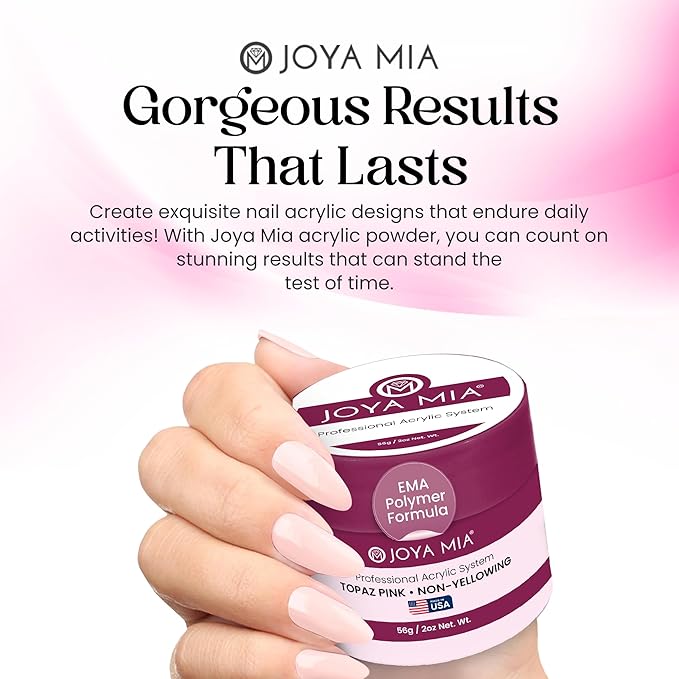 Joya Mia Acrylic Powder for Nails, MMA-Free, Super Adhesion Professional Powder for Flawless & Long-Lasting Nail Enhancements, Easy Application, Vibrant & Stunning Colors - Topaz Pink, 2 oz