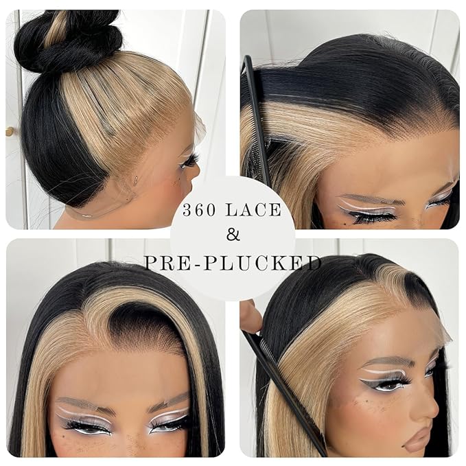 360 Skunk Srtipe Lace Front Wig Pre-Plucked Straight HD Glueless Lace Front Wig Synthetic Highlights Long Straight Lace Front Wig 32inch