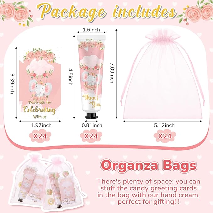 24 Sets Baby Shower Hand Cream Bulk Pink Elephant Shower Favors Bridal Thank You Appreciation Hand Cream for Guests Travel Size Lotion with Organza Bags