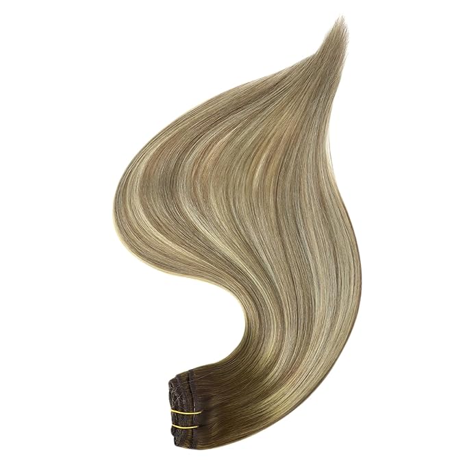 Full Shine Balayage Clip in Hair Extensions Brown Ombre Ash Brown Mix Blonde Real Hair Extensions Clip in Human Hair Double Weft Straight Remy Hair Extension 20 Inch Hairpiece for Women 60 G