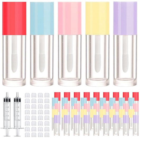 50pcs 2.5ml Empty Lip Gloss Containers Lip Gloss Tubes with Wand Cute 0.08oz Clear Refillable Lipgloss Making Supplies Kit for DIY Makeup+ 2pcs Syringes