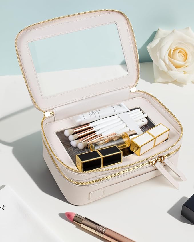 Clear Makeup Bags TSA Approved Toiletry Bag with Handle Large Opening,Clear Toiletry Bags for Carry-on Traveling Travel Car Accessories Essentials Organziation Storage for Women Girls(White, 2Layer)