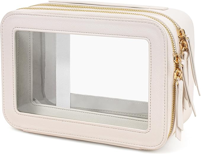 Clear Makeup Bags TSA Approved Toiletry Bag with Handle Large Opening,Clear Toiletry Bags for Carry-on Traveling Travel Car Accessories Essentials Organziation Storage for Women Girls(White, 2Layer)