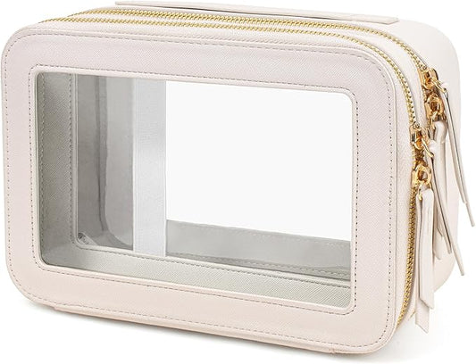 Clear Makeup Bags TSA Approved Toiletry Bag with Handle Large Opening,Clear Toiletry Bags for Carry-on Traveling Travel Car Accessories Essentials Organziation Storage for Women Girls(White, 2Layer)