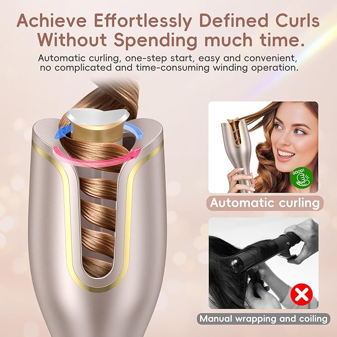 Automatic Hair Curler Auto Rotating Curling Iron with 4 Temps & 8 Timers(12s-19s), LCD Display, 1" Barrel | Dual Voltage Fast Heating, Anti-Scald & Auto Off for Home Salon & Travel Use(Rose Gold)