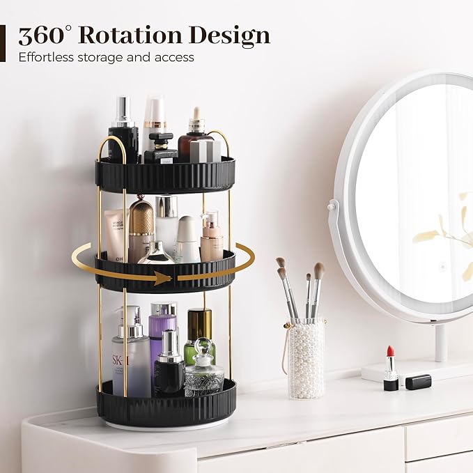 Aveniee 360 Rotating Makeup Organizer for Vanity, Large Spinning Bathroom Counter Organizer Shelf Holder for Cosmetics, Skin Care, Lipsticks (3 Tiers, Black)