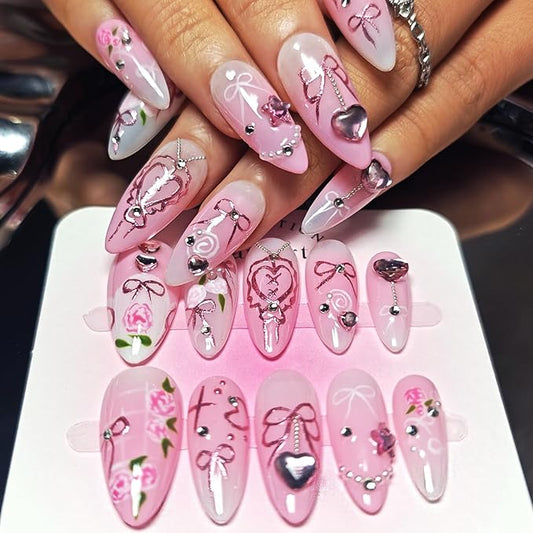 Handmade Acrylic Press On Nails Almond, Pink Medium, Ombre Valentine Heart Rhinestone Flower For Women Gift, Reusable Stick On Fake Kit With Glue (Pink Romance-S)